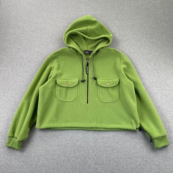Y2K Route 66 Fleece Sweatshirt Womens L Lime Green Cropped Hoodie 1/2 Zip Retro - Picture 14 of 16